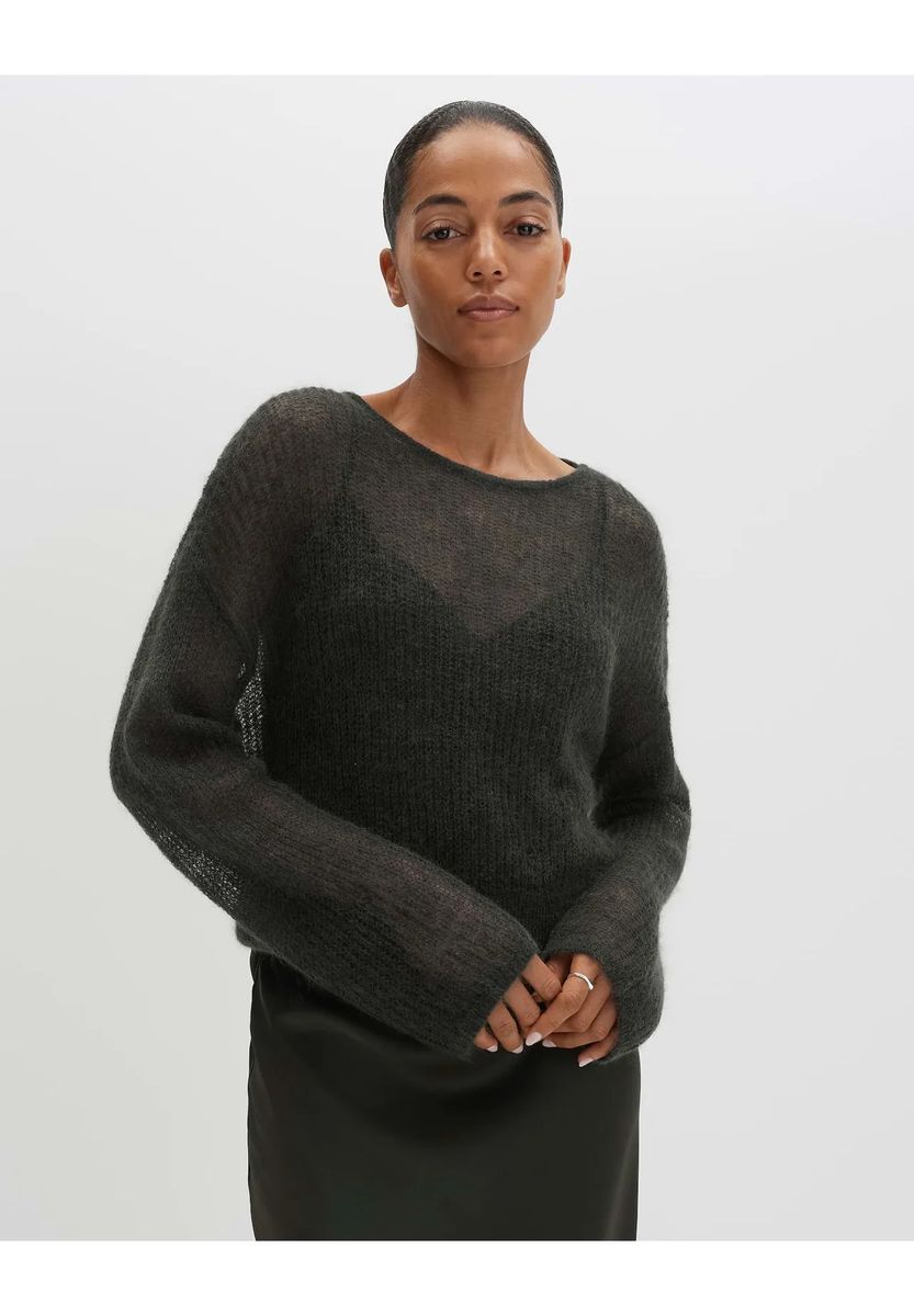 Transparenter flauschiger Strickpullover mit U-Boot-Ausschnitt