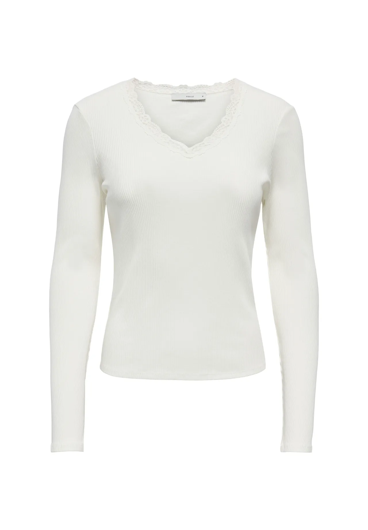 Geripptes Langarmshirt mit Spitzenbesatz
