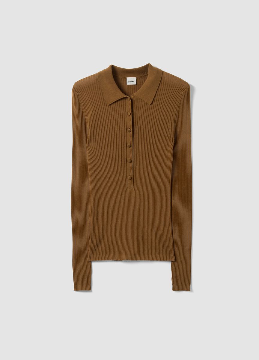 Geripptes Polo-Langarmshirt aus Strick