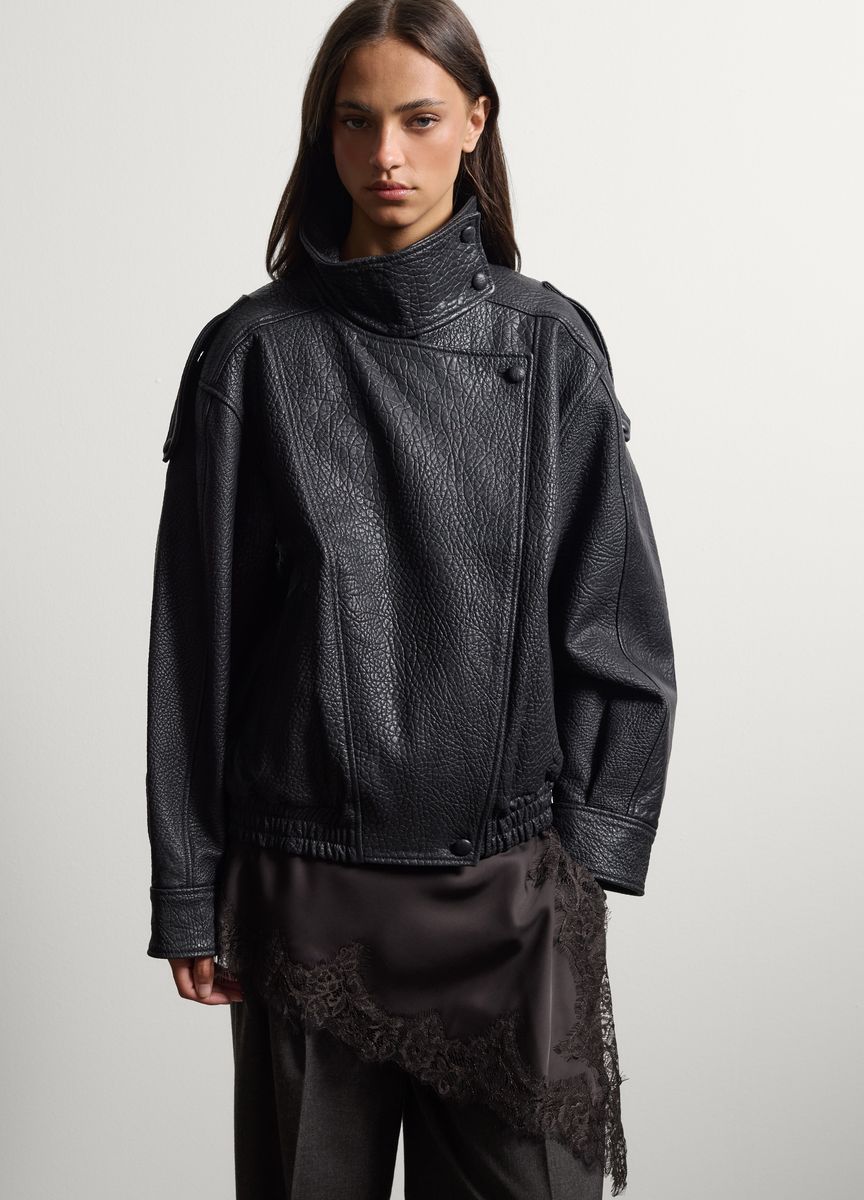 Texturierte Oversized Leder-Bomberjacke