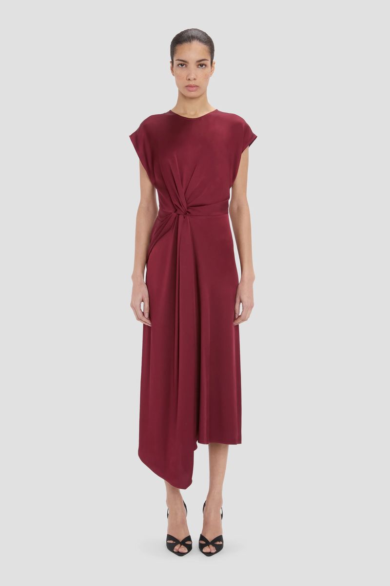 Satin-Midikleid mit Knotendetail und asymmetrischem Saum