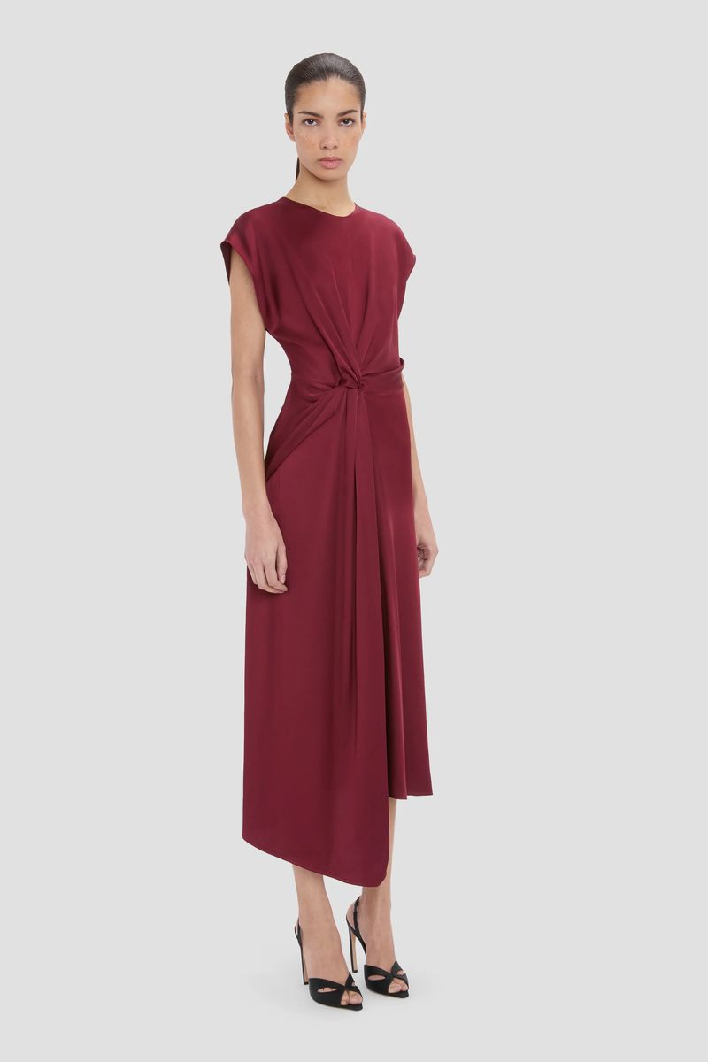 Satin-Midikleid mit Knotendetail und asymmetrischem Saum
