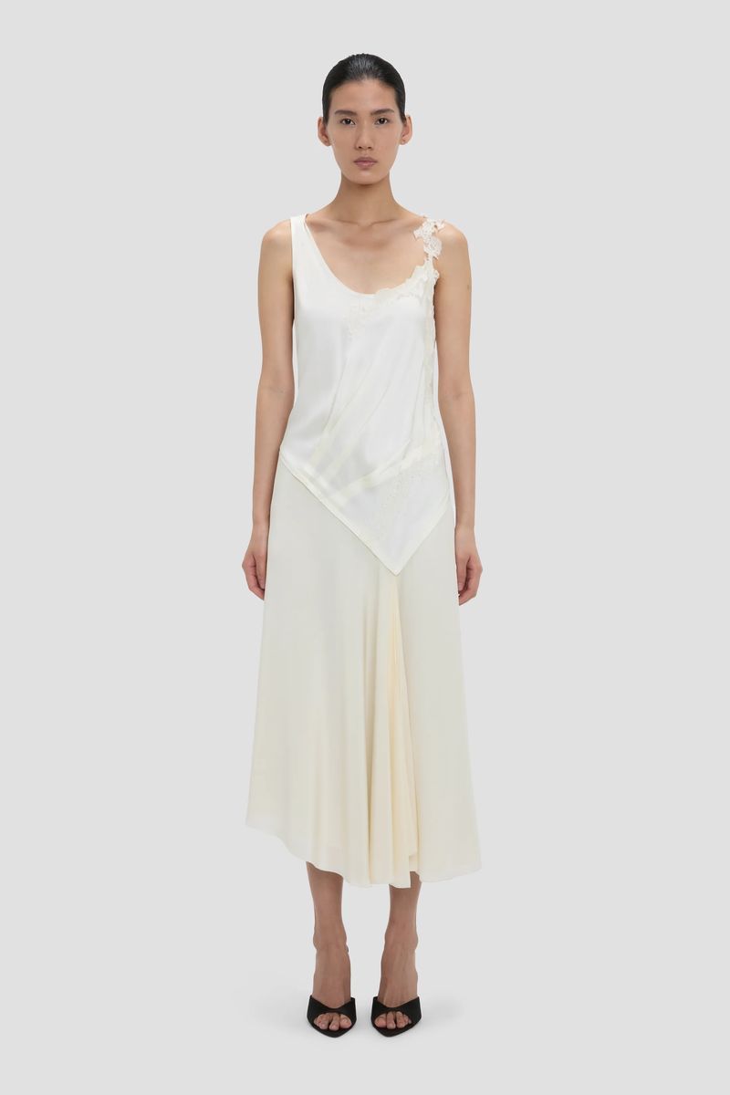 Asymmetrisches Satin-Midikleid mit Spitze