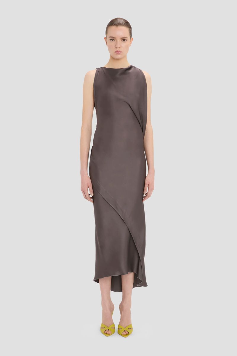 Drapiertes asymmetrisches Satin-Midikleid