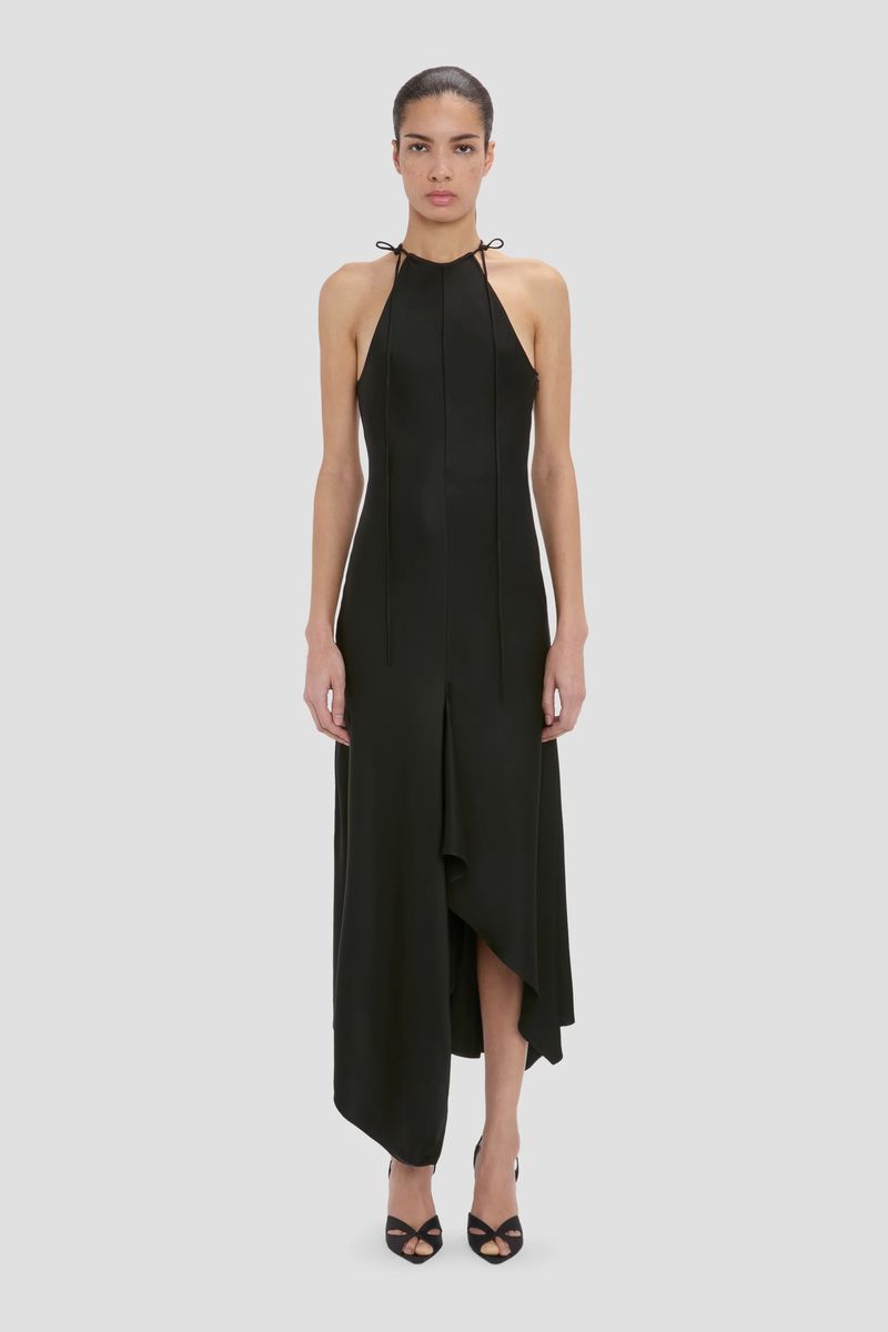 Elegantes asymmetrisches Halterneck-Midikleid