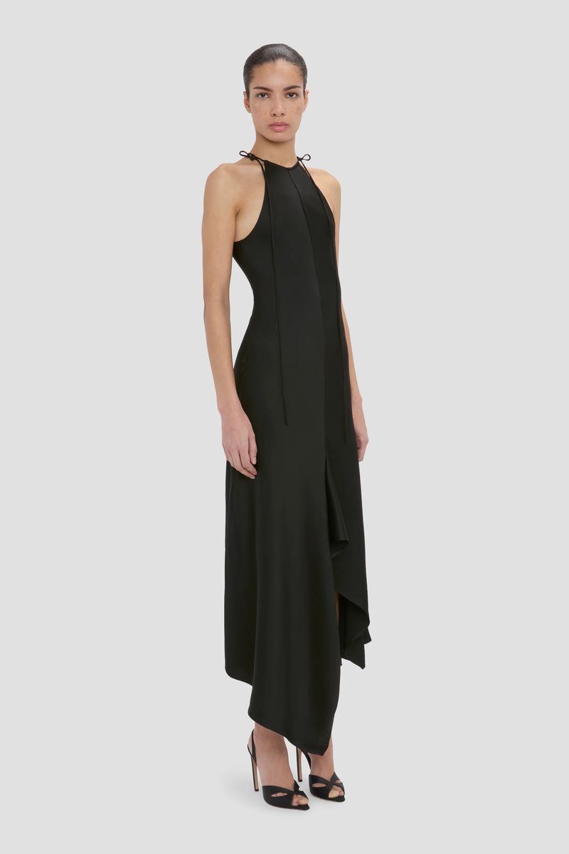 Elegantes asymmetrisches Halterneck-Midikleid