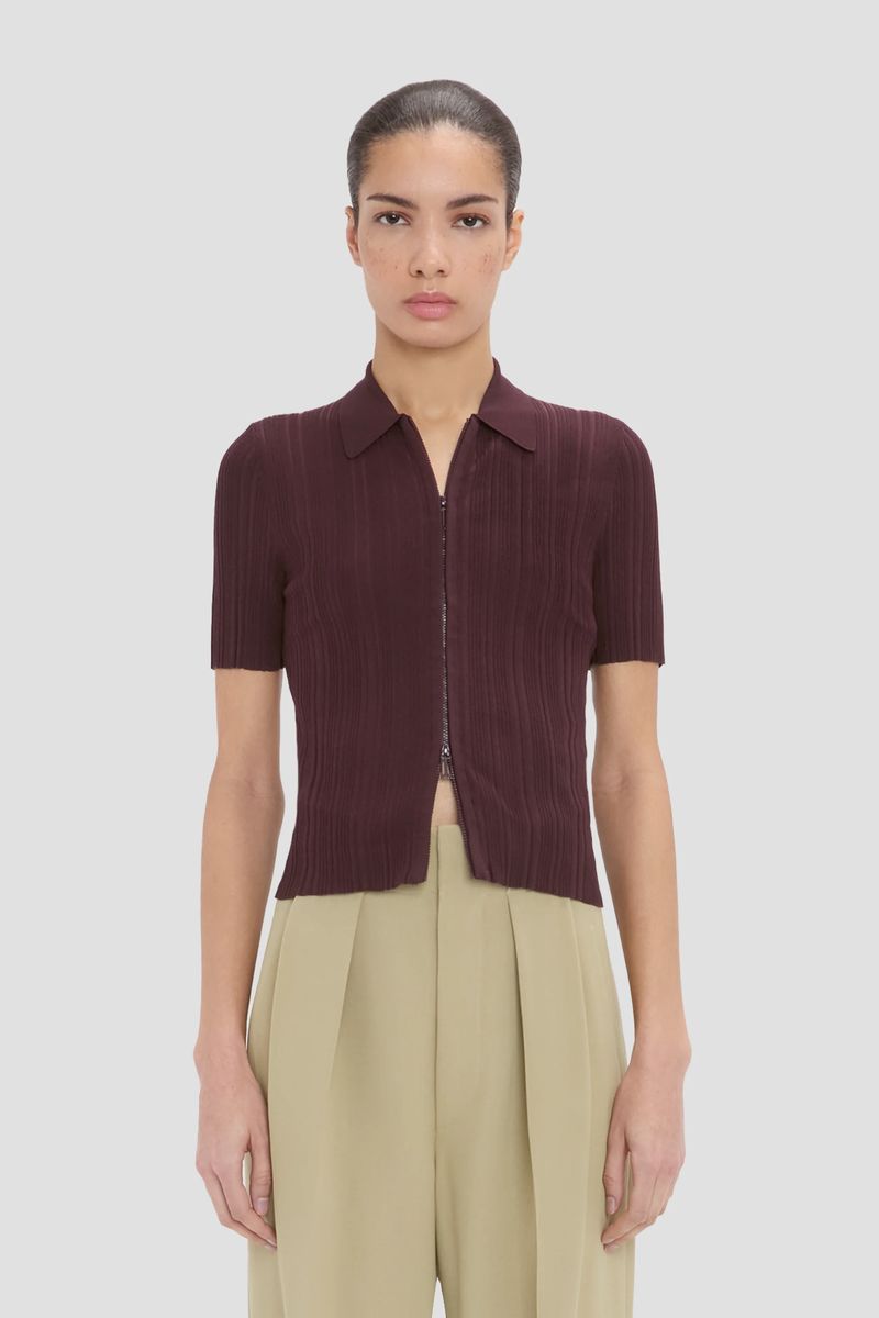 Poloshirt mit Rippstrick und Reißverschluss