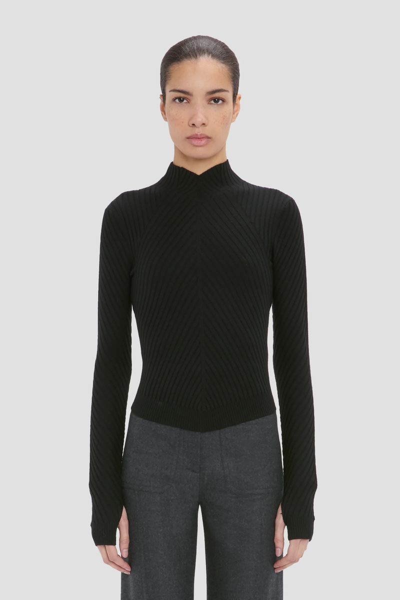Rippstrick-Pullover aus Merinowolle mit Stehkragen