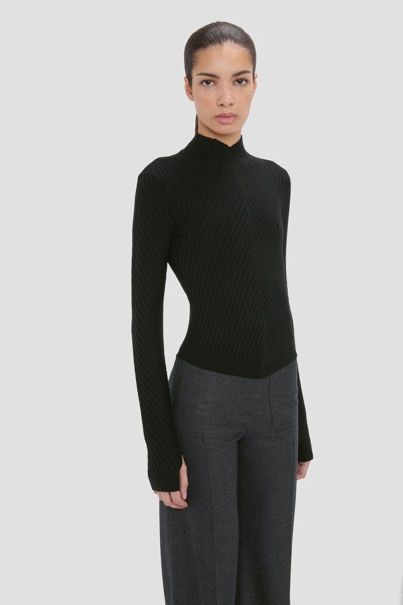 Rippstrick-Pullover aus Merinowolle mit Stehkragen