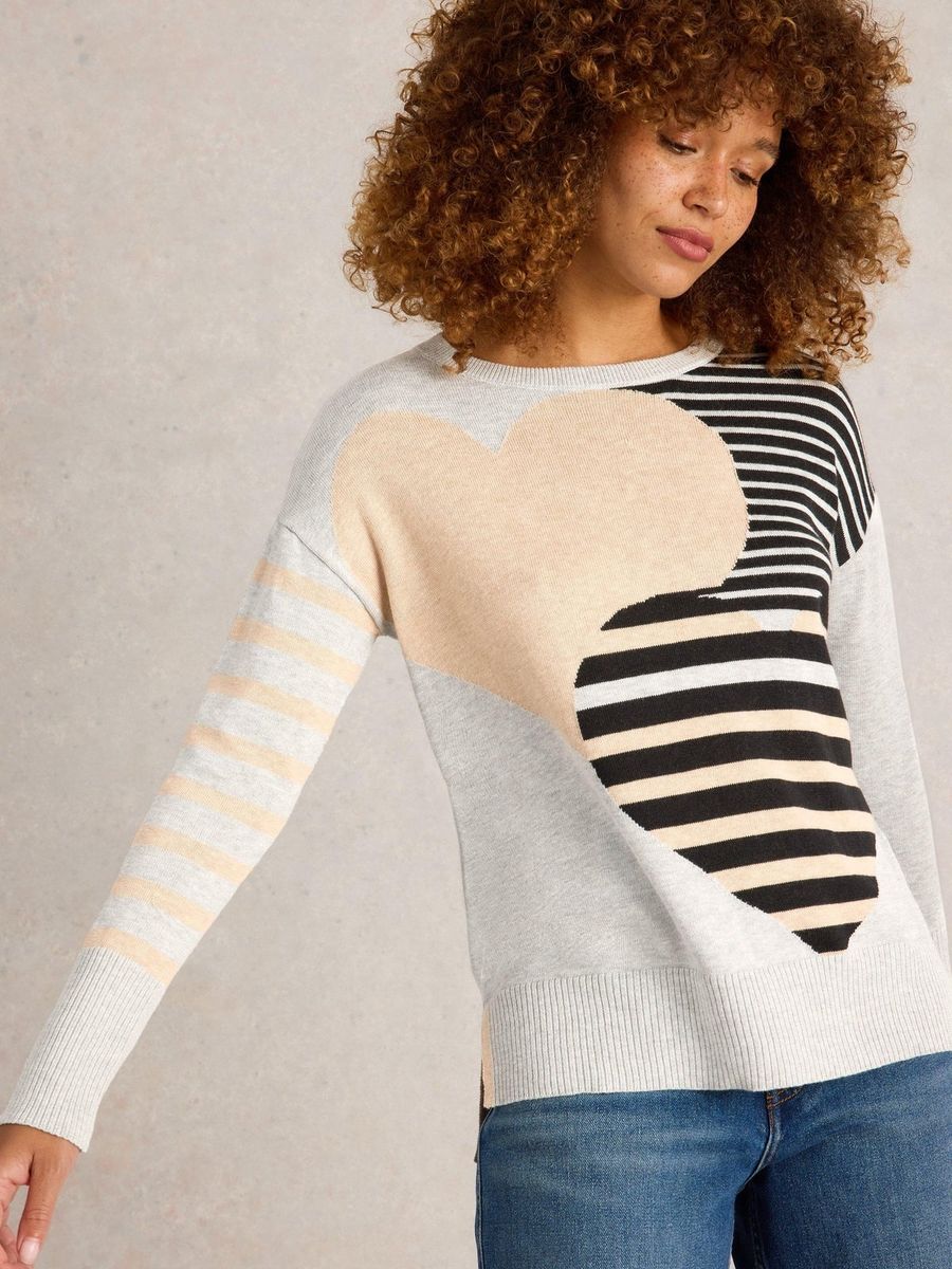 Intarsien-Pullover mit Herz und Streifen