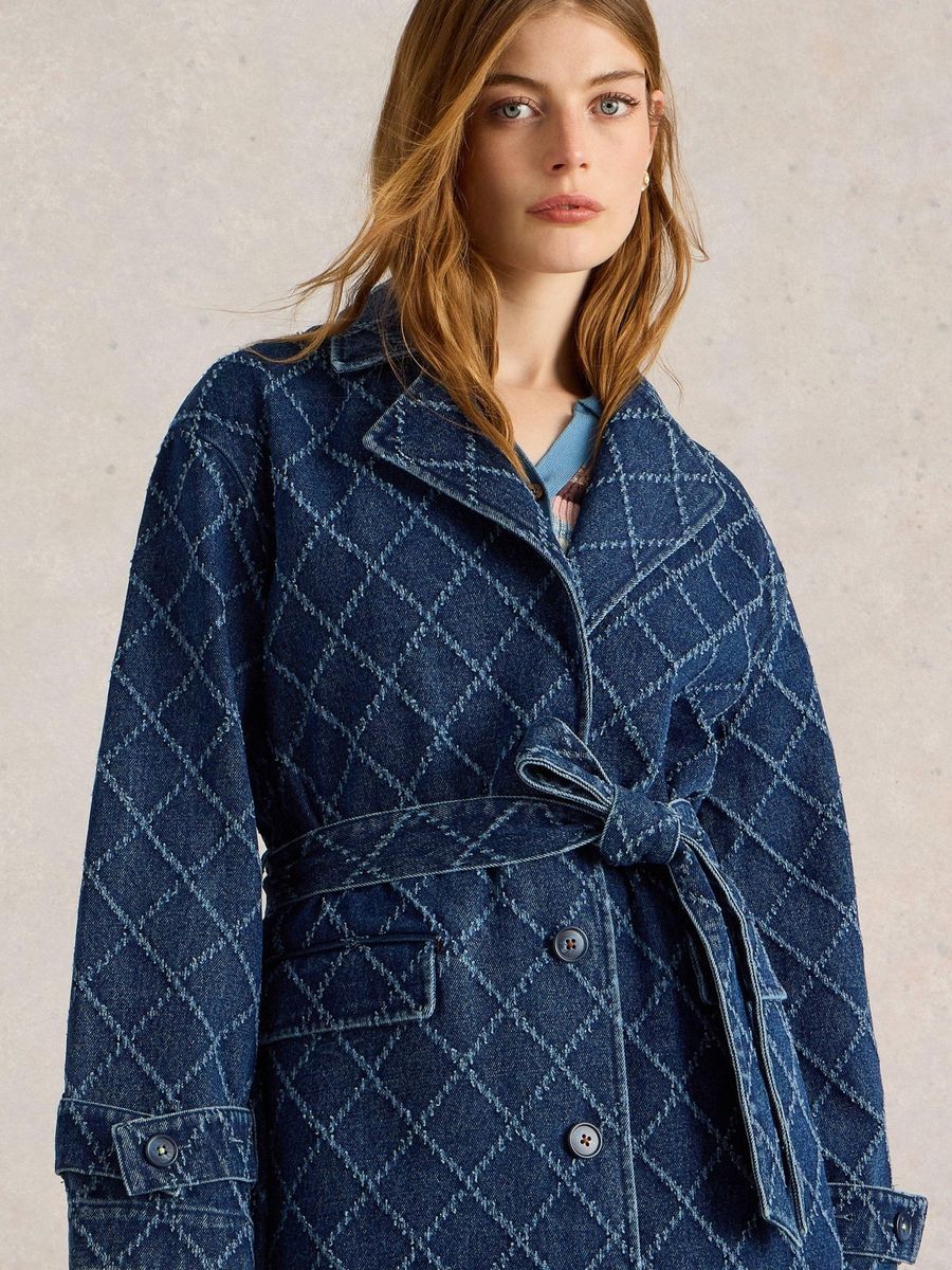Jeans-Trenchcoat mit markanter Rautensteppung
