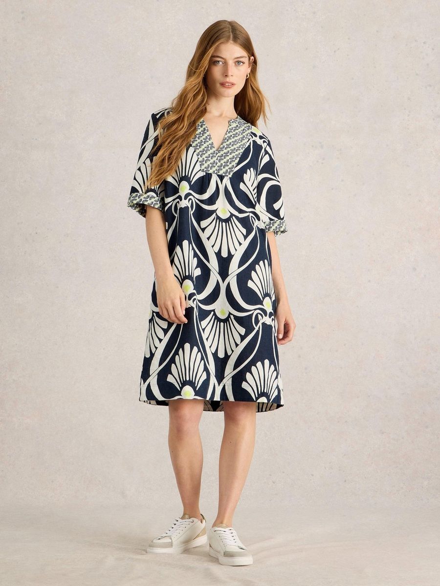 Bedrucktes Leinenkleid mit Grafikmuster