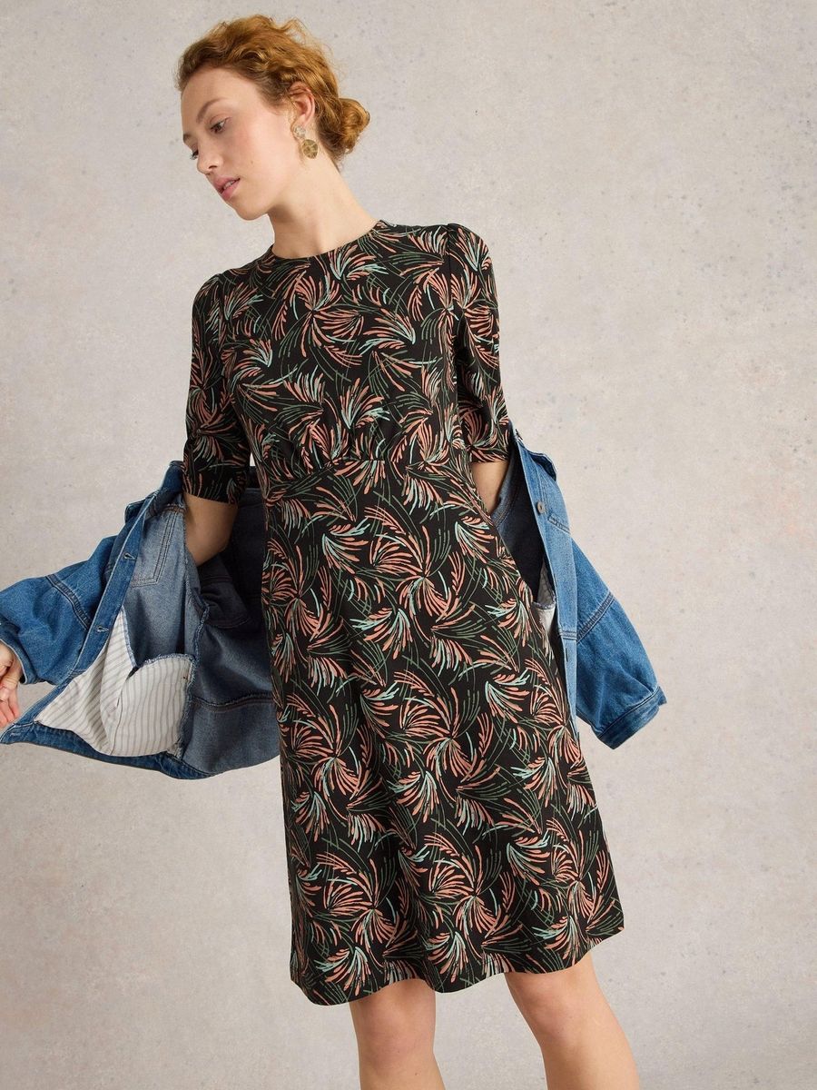 Jersey-Midikleid mit Blattmuster