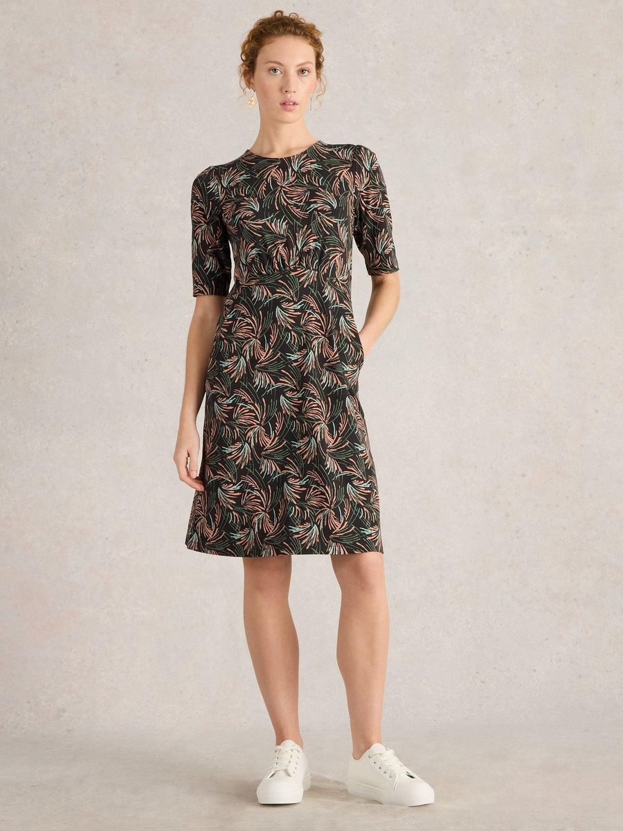 Jersey-Midikleid mit Blattmuster