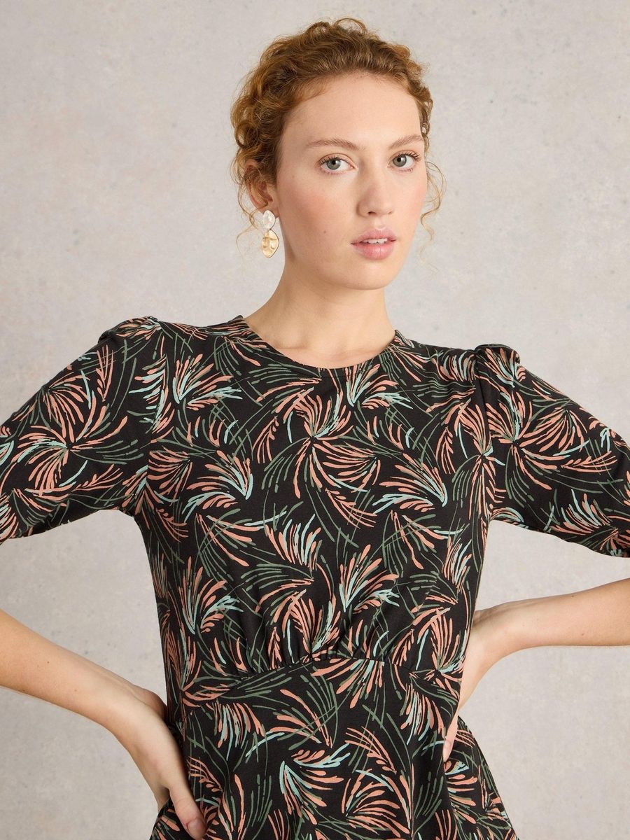 Jersey-Midikleid mit Blattmuster