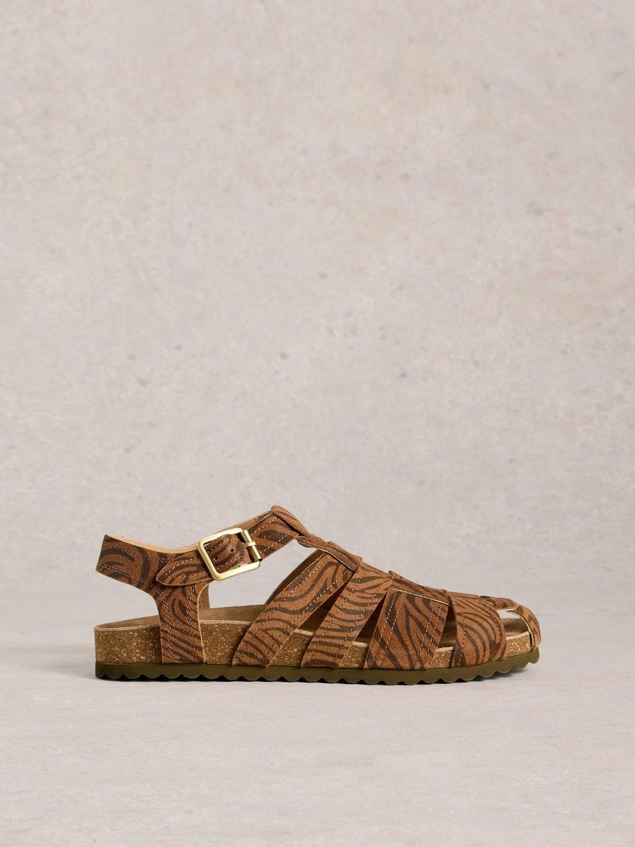 Leder-Fischersandalen mit Tiger-Print