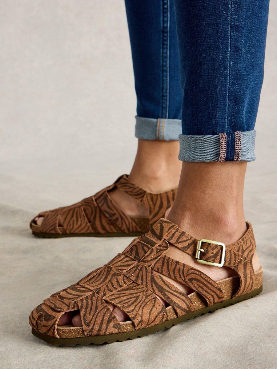 Leder-Fischersandalen mit Tiger-Print