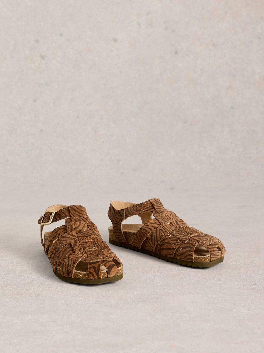 Leder-Fischersandalen mit Tiger-Print