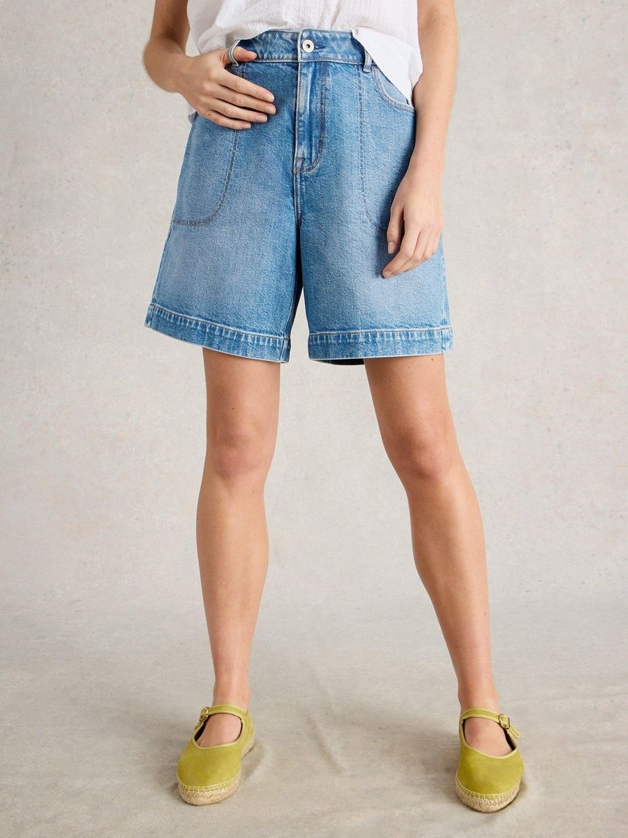 High-Waist Denim Utility-Shorts