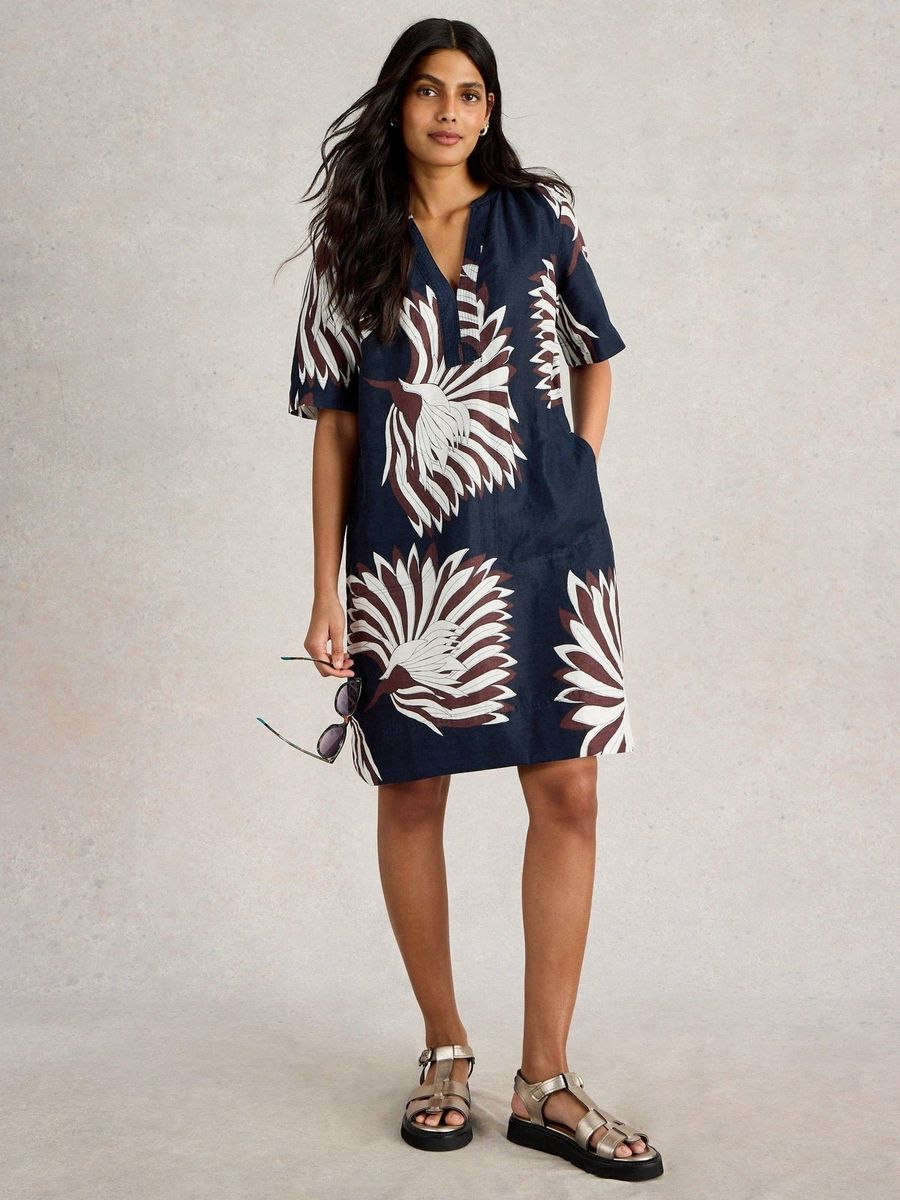 Leinenkleid mit stilisiertem Blumenprint