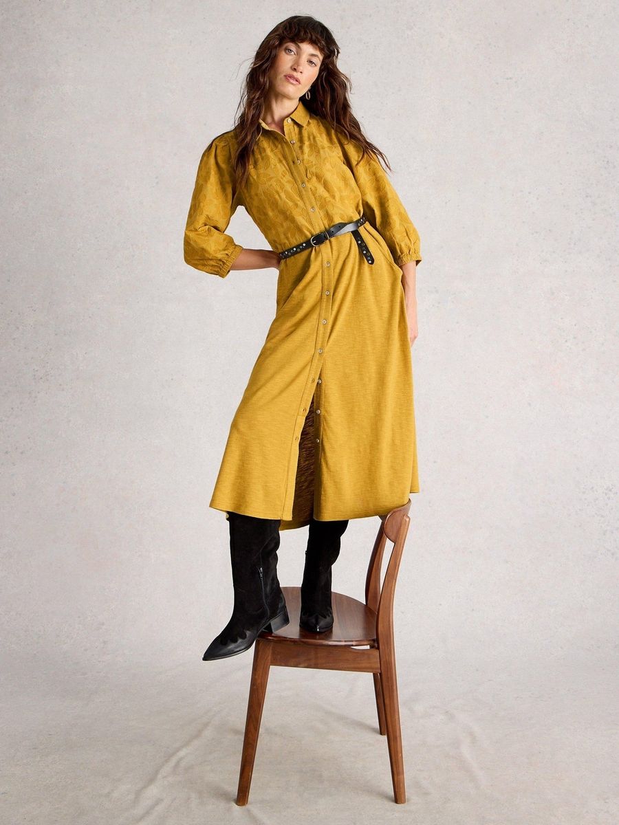 Besticktes Jersey-Hemdkleid in Midilänge