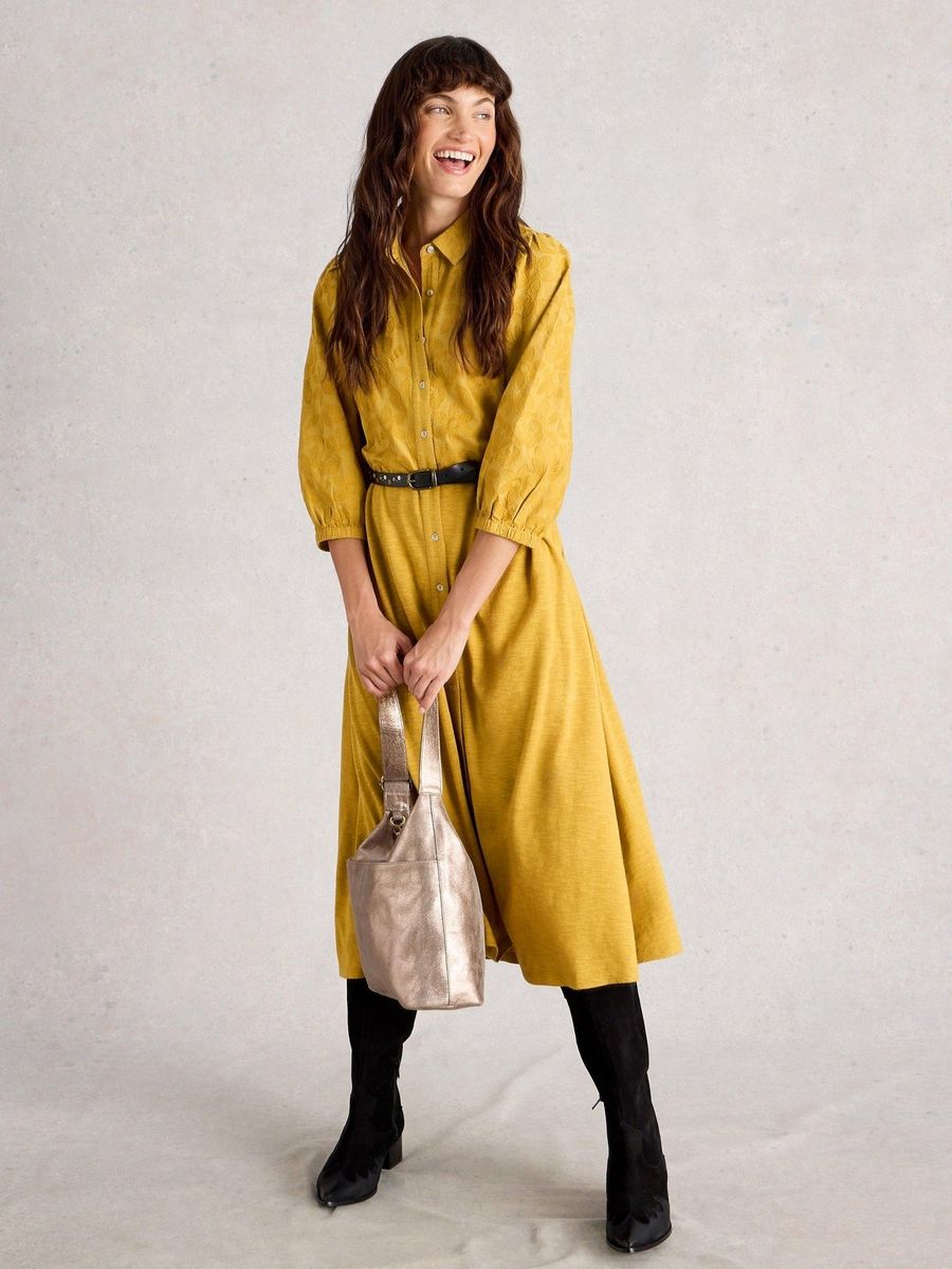 Besticktes Jersey-Hemdkleid in Midilänge
