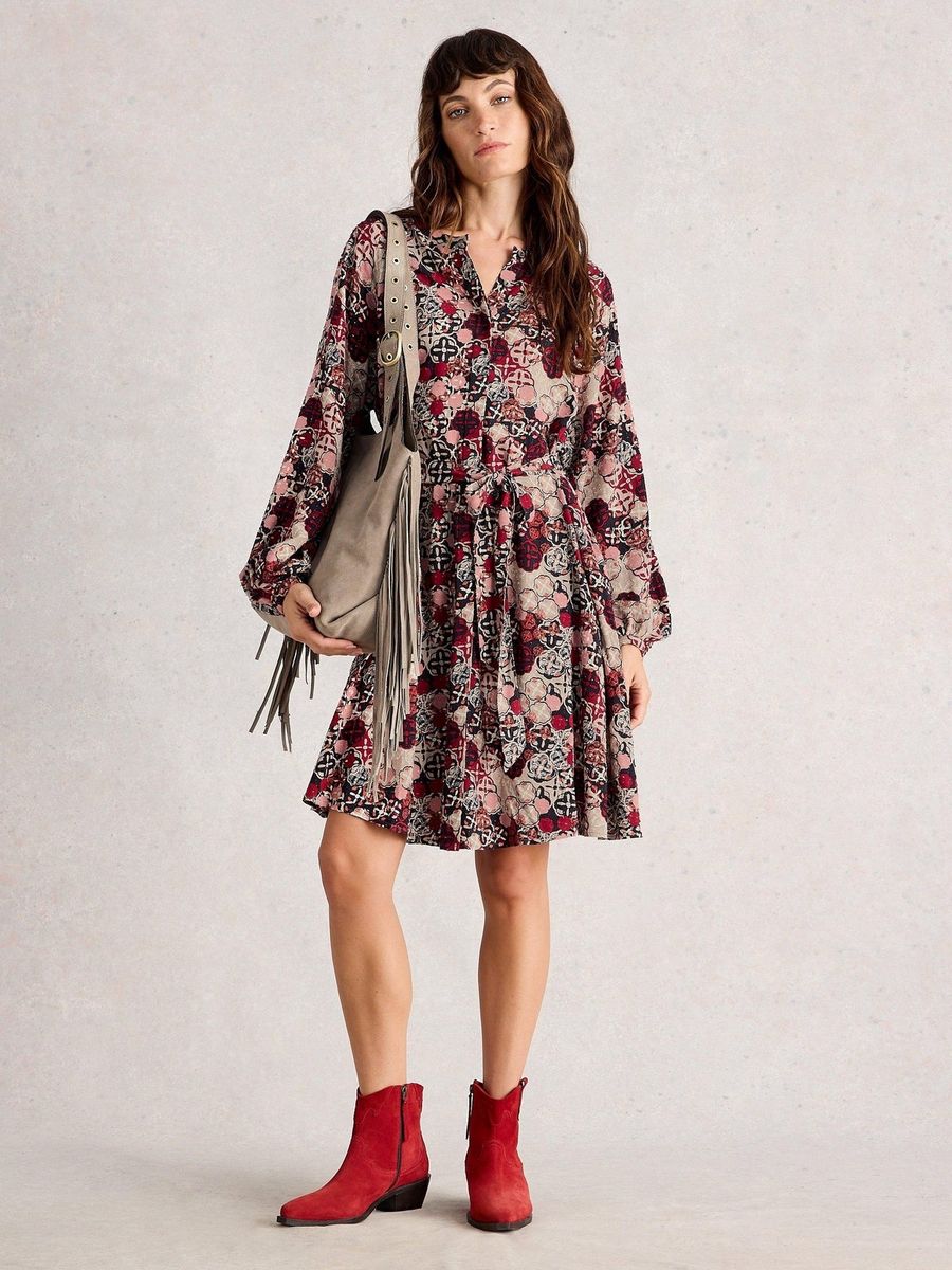 Bedrucktes V-Ausschnitt-Kleid mit Gürtel