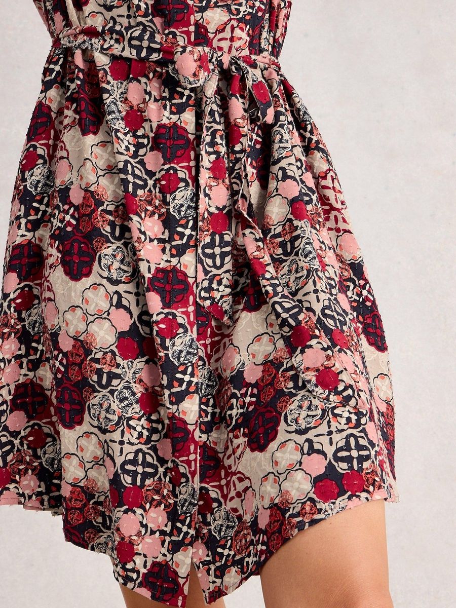 Bedrucktes V-Ausschnitt-Kleid mit Gürtel