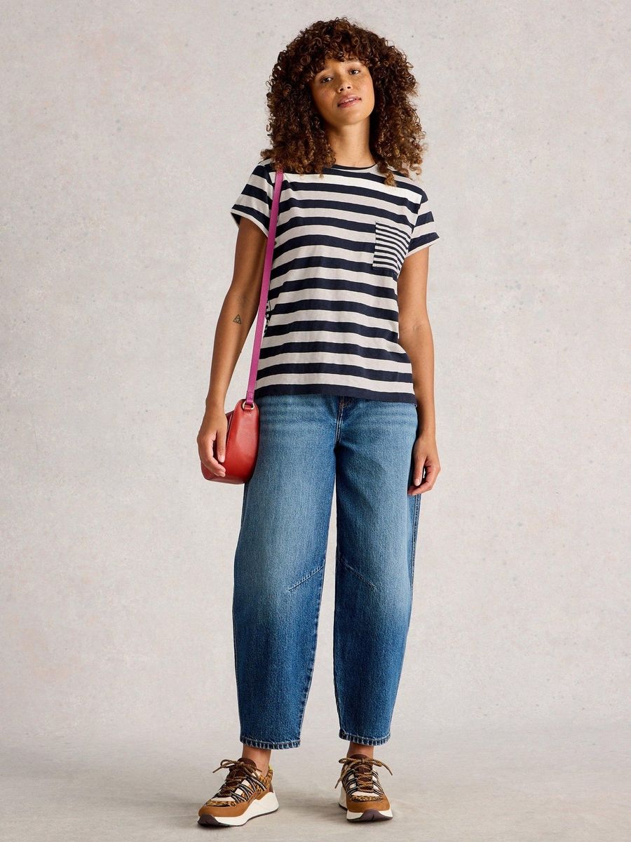 Gestreiftes Baumwoll-T-Shirt mit Tasche