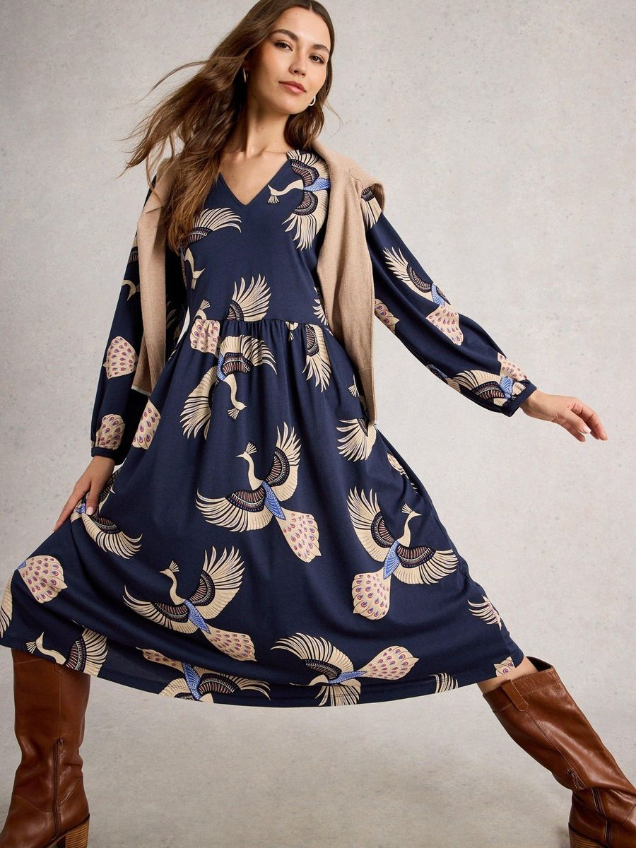 Jersey-Midikleid mit Vogel-Print