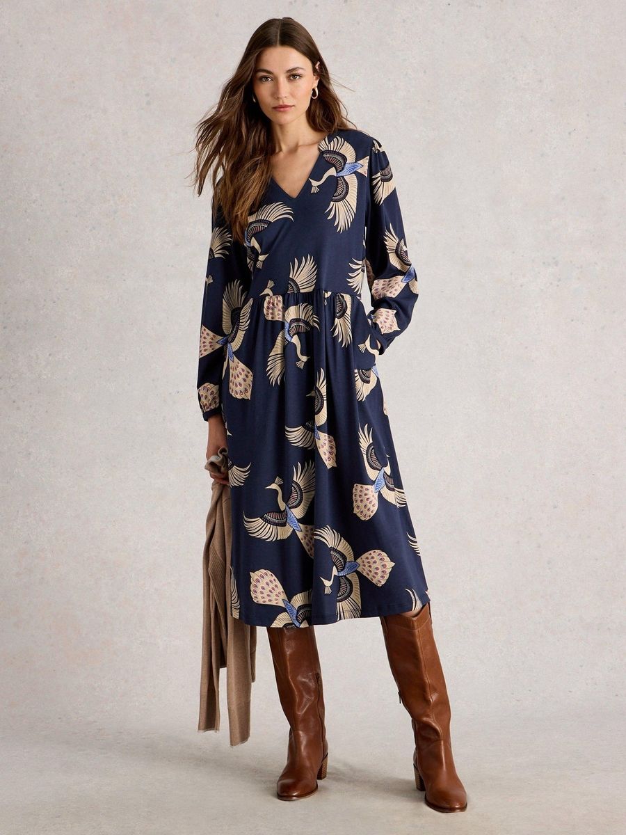 Jersey-Midikleid mit Vogel-Print