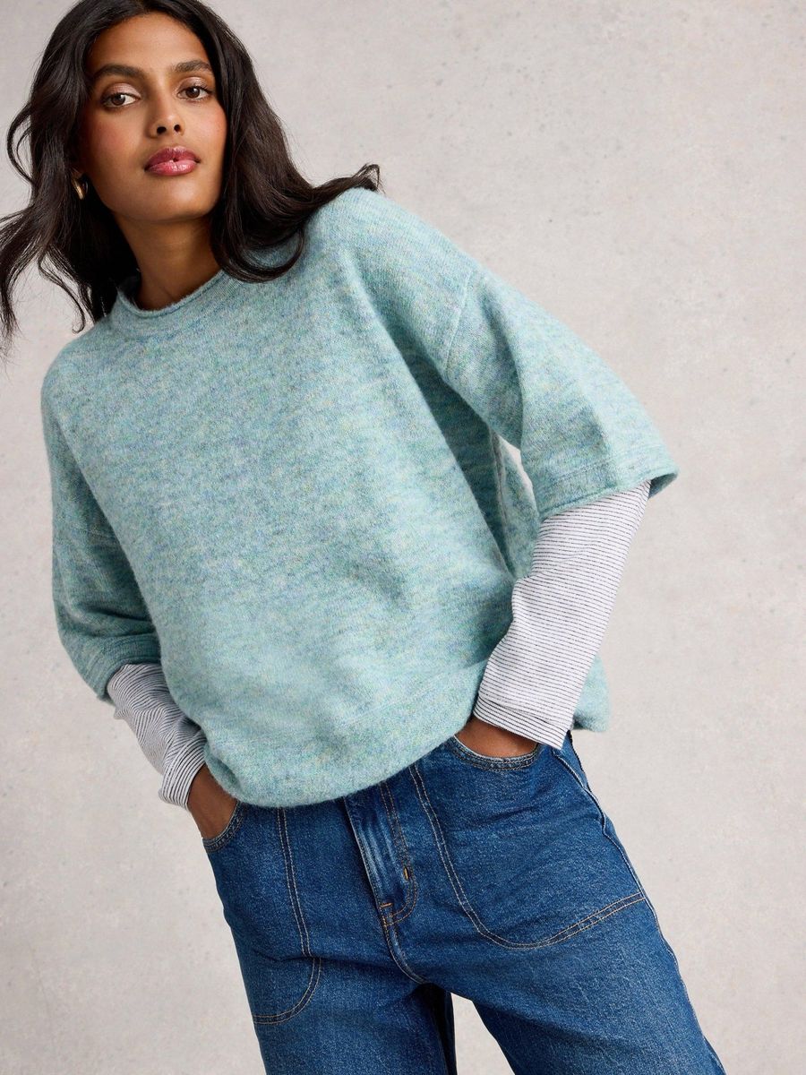 Lässiger Melange-Strickpullover mit Kurzarm