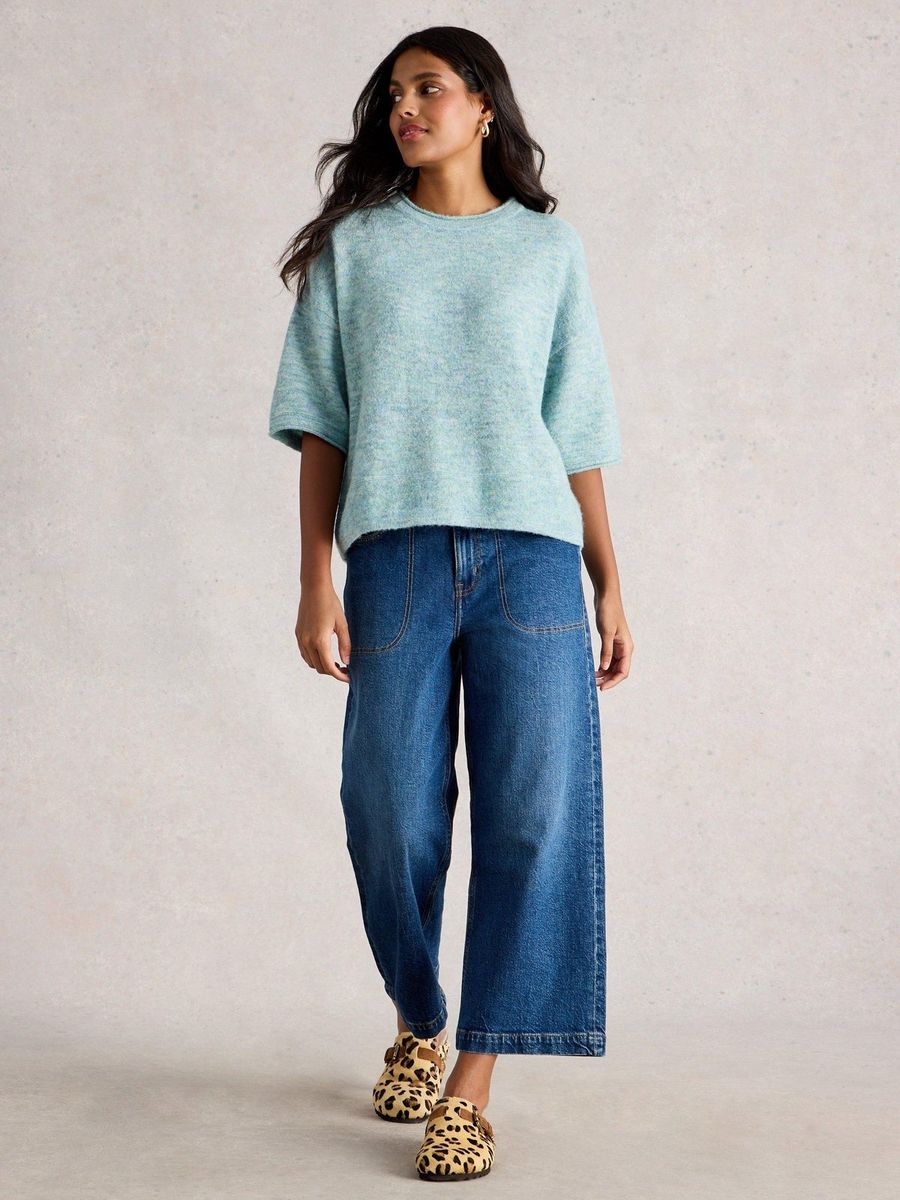 Lässiger Melange-Strickpullover mit Kurzarm