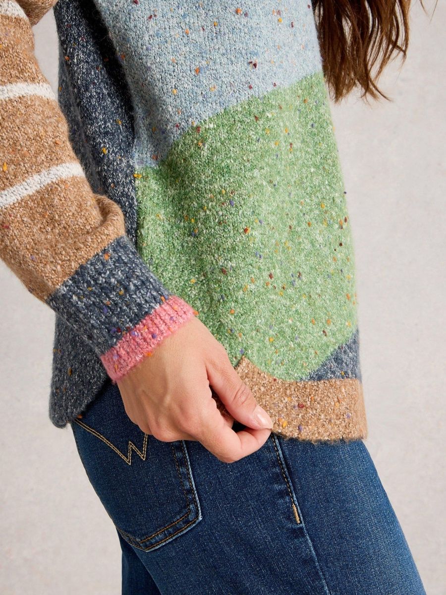 Farbblock-Strickpullover mit Noppengarn
