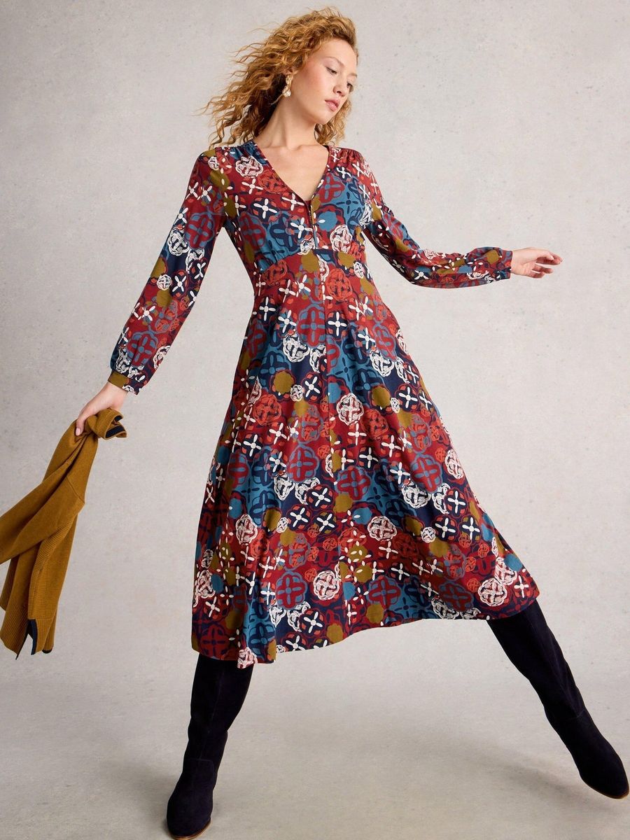 Gemustertes Jersey-Midikleid mit V-Ausschnitt