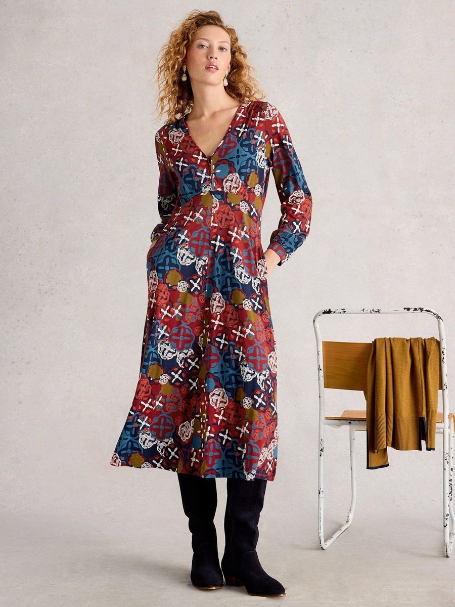 Gemustertes Jersey-Midikleid mit V-Ausschnitt