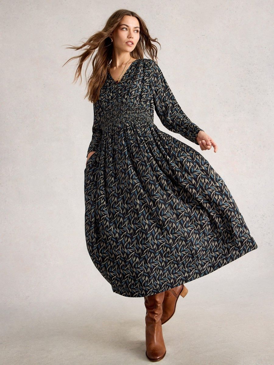 Midikleid mit Metallic-Blätterprint