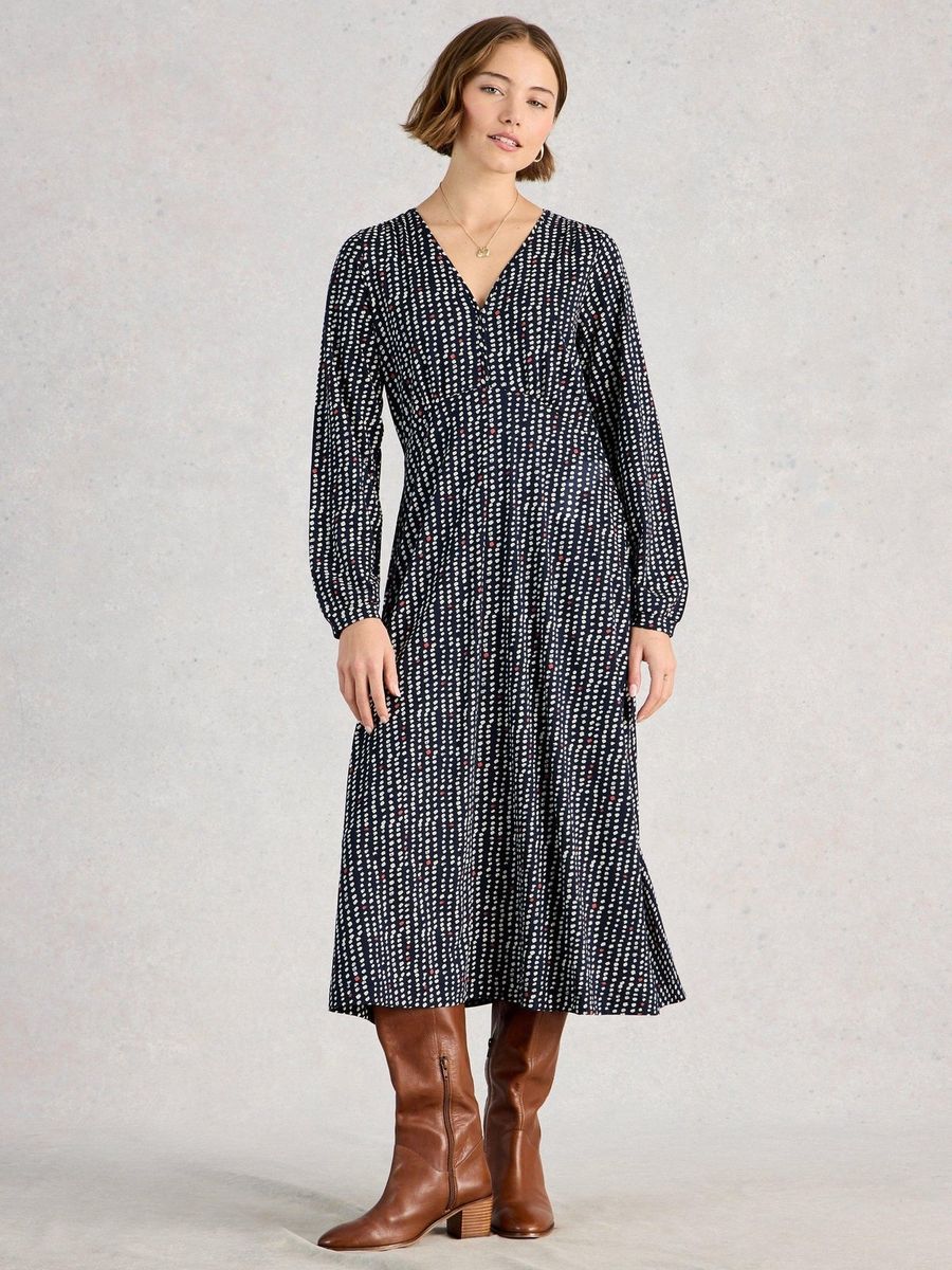 Gepunktetes Jersey-Midi mit V-Ausschnitt