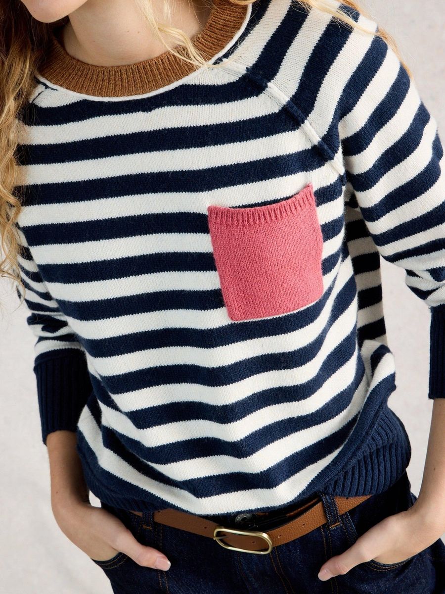 Gestreifter Bio-Baumwollpullover mit Rundhalsausschnitt
