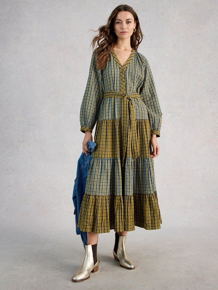 Gestuftes Midi-Gingham-Kleid mit Gürtel