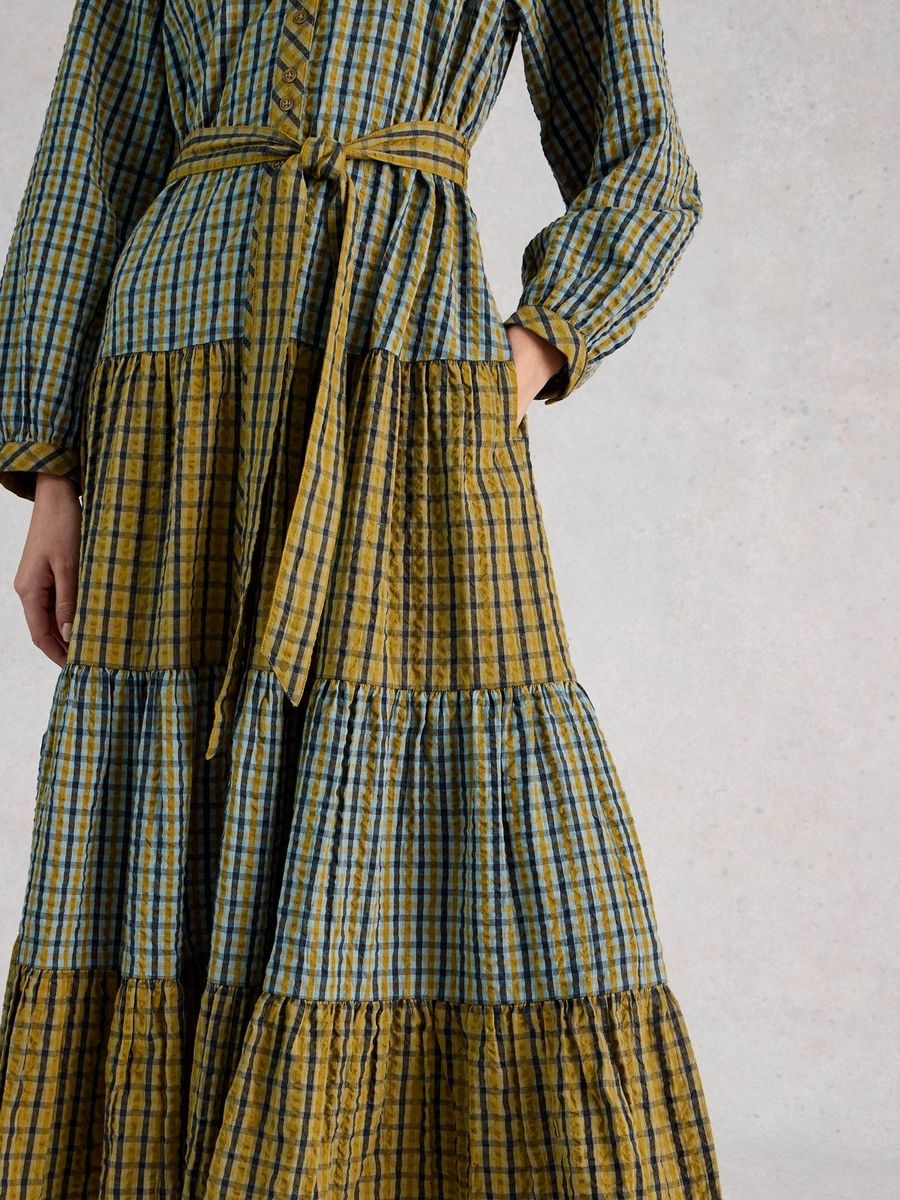 Gestuftes Midi-Gingham-Kleid mit Gürtel