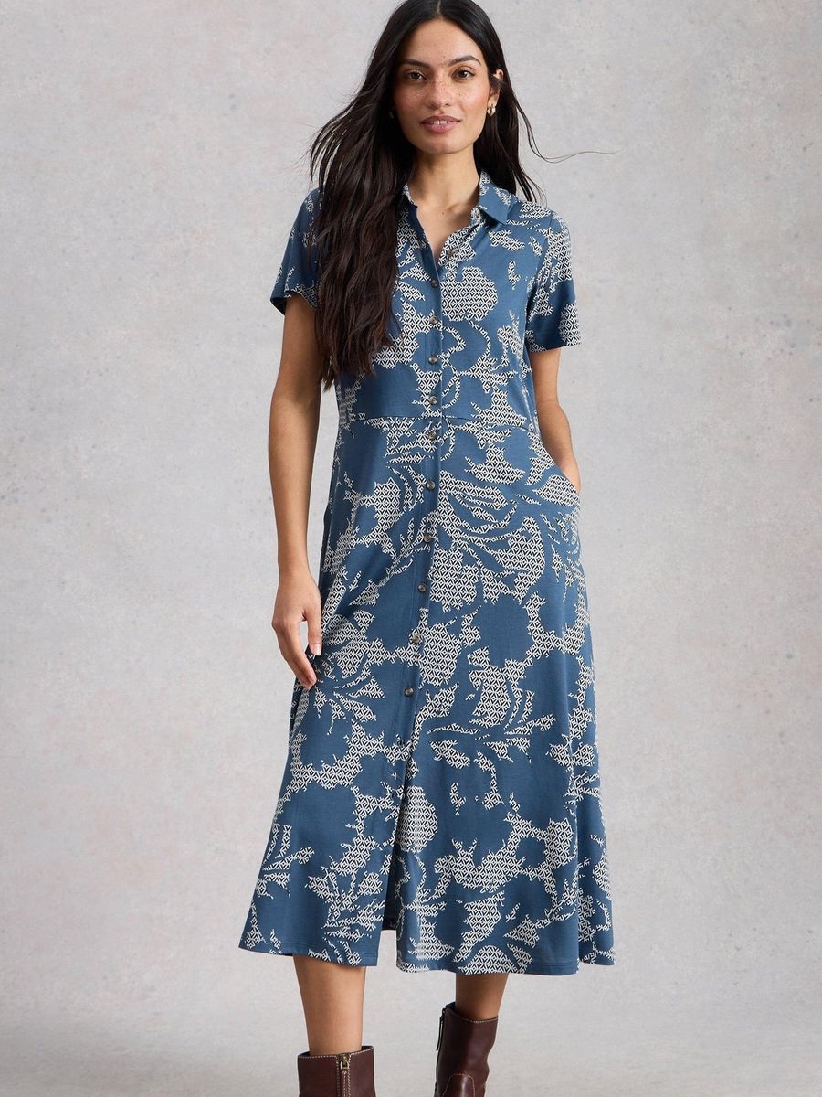 Gemustertes Jersey-Hemdblusenkleid in Midi-Länge