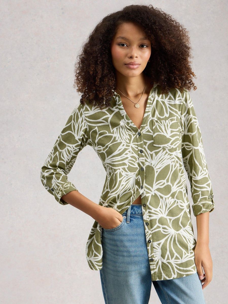 Langgeschnittene Tunika-Bluse mit Abstraktmuster