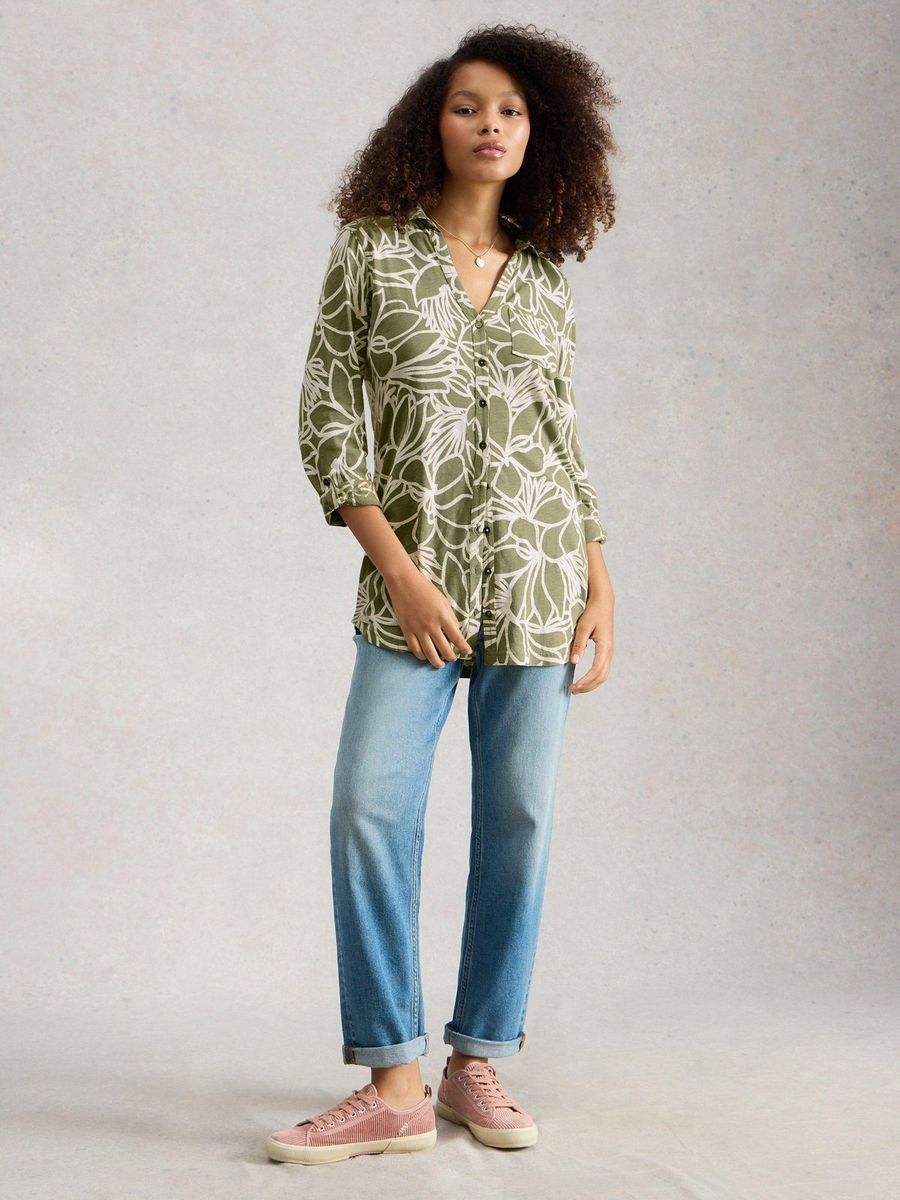 Langgeschnittene Tunika-Bluse mit Abstraktmuster