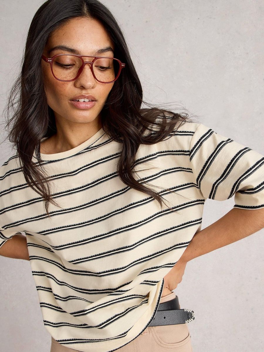 Boxy Gestreiftes Baumwoll-T-Shirt