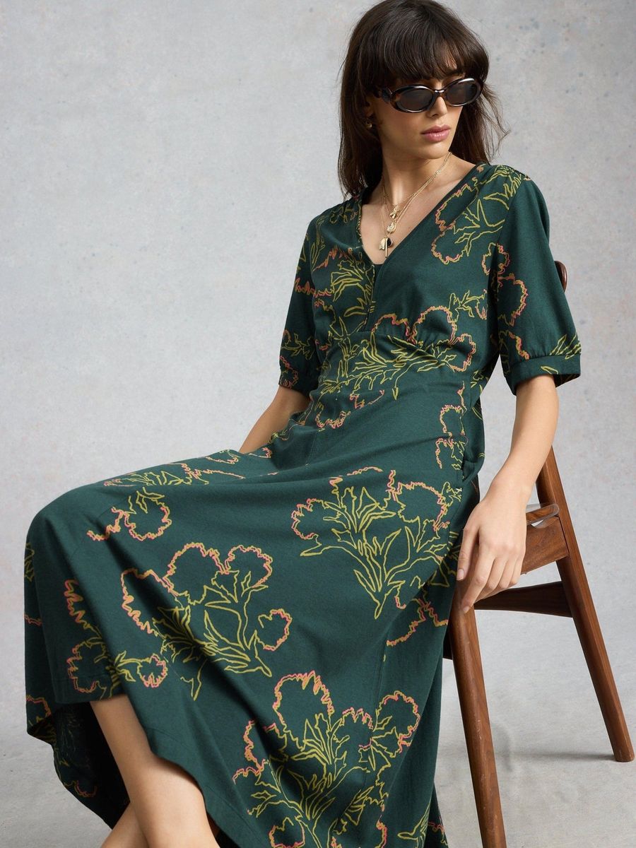 Grafisches Midikleid mit Blumenmuster