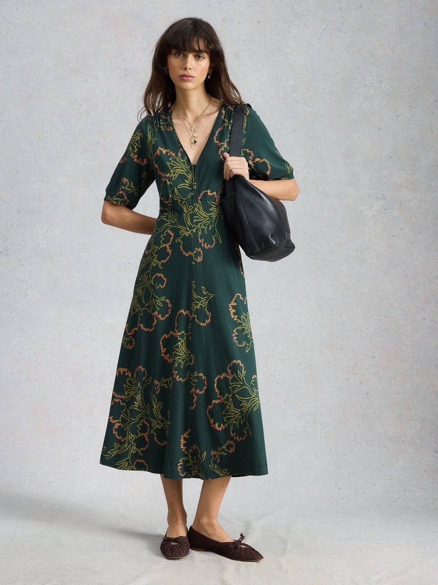 Grafisches Midikleid mit Blumenmuster