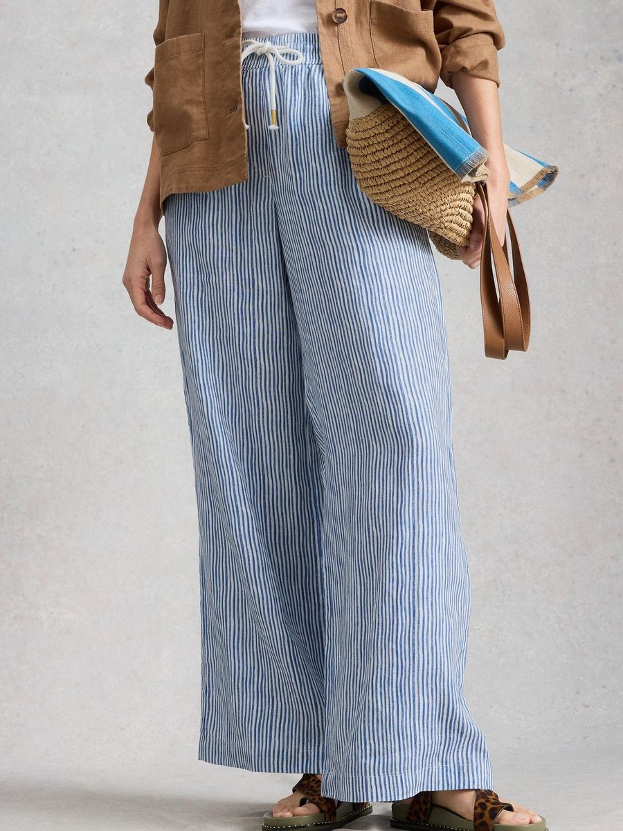 Gestreifte Leinenhose mit weitem Bein