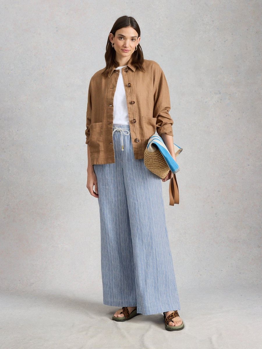 Gestreifte Leinenhose mit weitem Bein