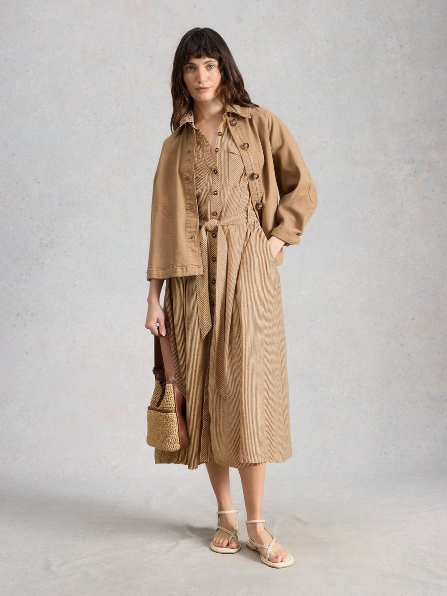Gestreiftes Midi-Hemdkleid mit Gürtel